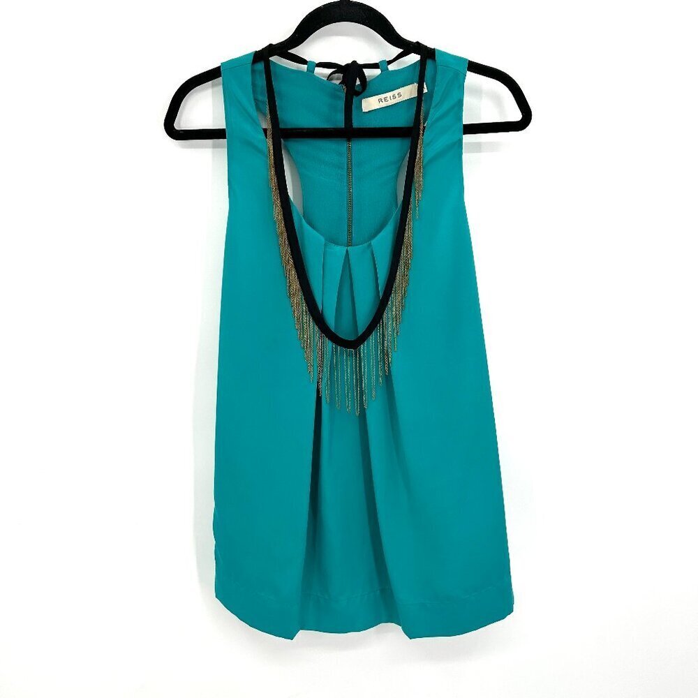 REISS *Flawed* Teal Blue Green Pleated Gold Chain Necklace Sleeveless Blouse 8